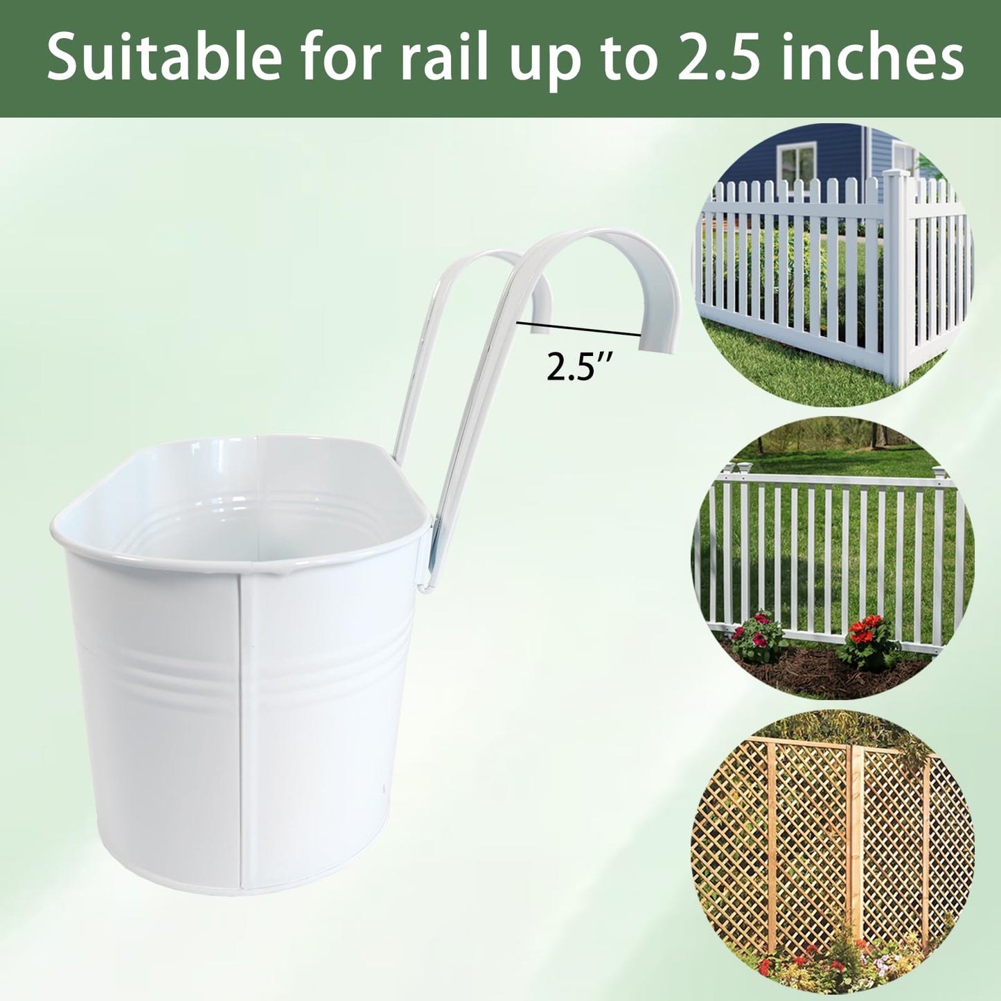 Joyfernal 10" Hanging Flower Pots, Pack of 2 White Metal Outdoor Patio Balcony Planter, Railing Planters Fence Pot with Detachable Hook & Drainage Hole for Small Plants (White, 2Pcs)