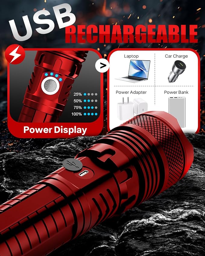 Victoper Red LED Flashlights, High Powered High Lumens Super Bright Tactical Flashlight, Rechargeable, 5 Modes Zoomable Waterproof Flash Lights for Emergency, Outdoor, Home, Camping, Hiking