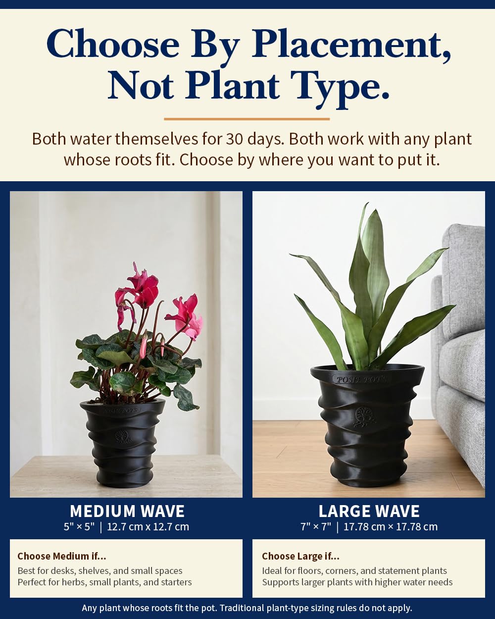 Posie Pot Medium Wave Self Watering Planter for Indoor Plants - 5x5 Inch Patented Pot with 10X Water Reservoir - Modern 3D Printed Desk Planter - Root Rot Free - Eco Friendly, Made in USA, White