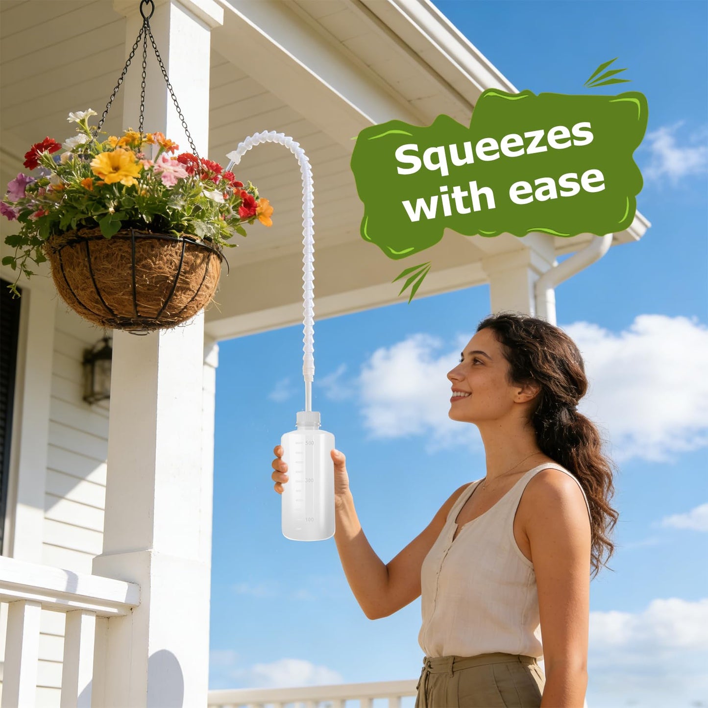 Squeeze Bottle for Hanging Plants - 16.9oz (500ml) 19.6 Inch Long Nozzle Watering Container with Adjustable Angle for Indoor & Outdoor Ceiling-Hung Plants