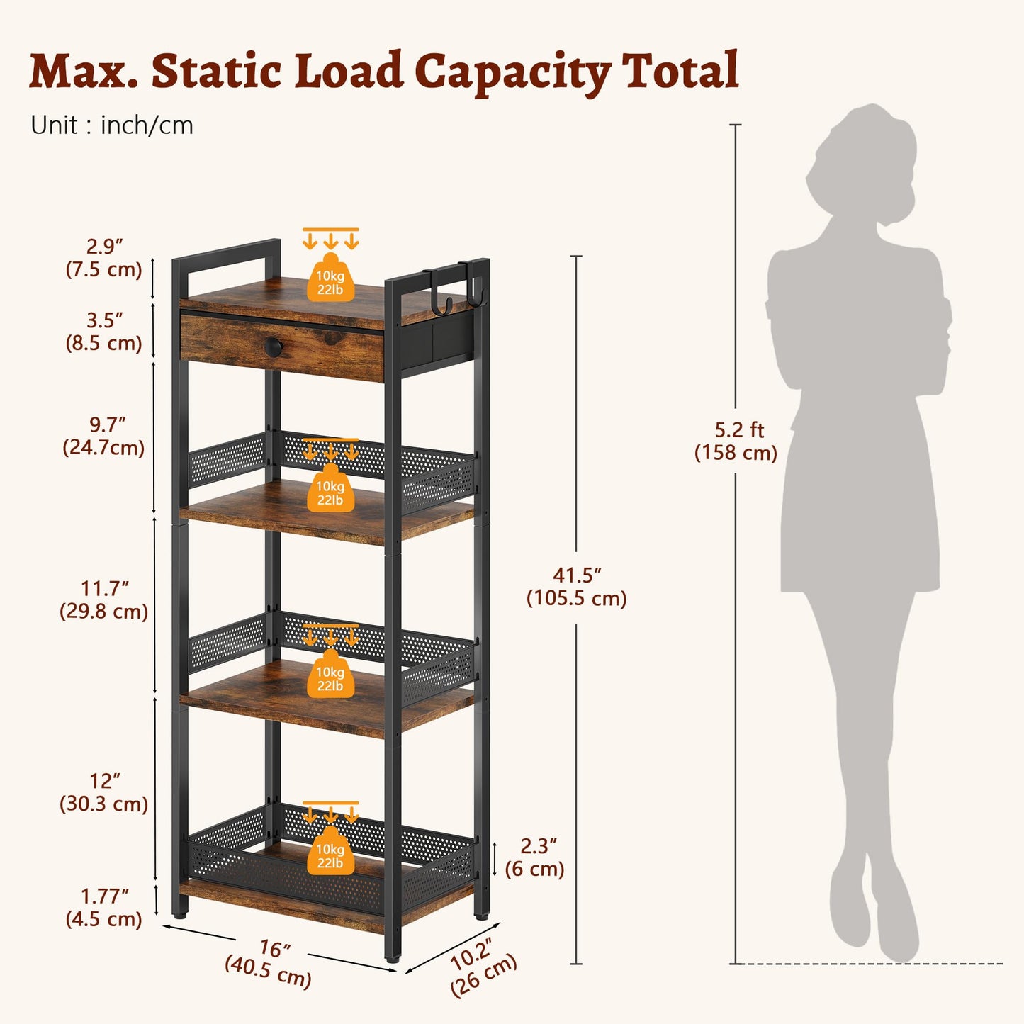FAVOOSTY 4 Tier Ladder Shelf Stand, Bookshelf with Drawer Storage, Decorative Display Shelves Wood & Metal, Plant Shelf, Standing Shelf Unit for Living Room Bedroom Office Kitchen, Rustic Brown