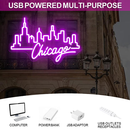 City Light Chicago Neon Sign, Skyline Neon Light, Home Wall Office Decor, Chicago City Led Sign, City Sign for Christmas Birthday Gifts Women Gift Bar Pub Store Club Garage Home Party-Purple-17.3"