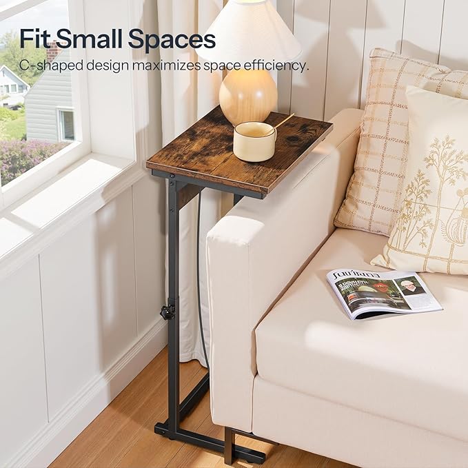HOOBRO C-Shaped End Table with Charging Station, Adjustable Height Sofa Tray