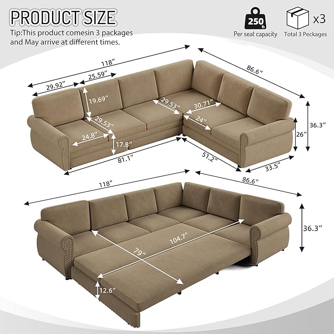 118" L-Shaped Sleeper Couch Bed