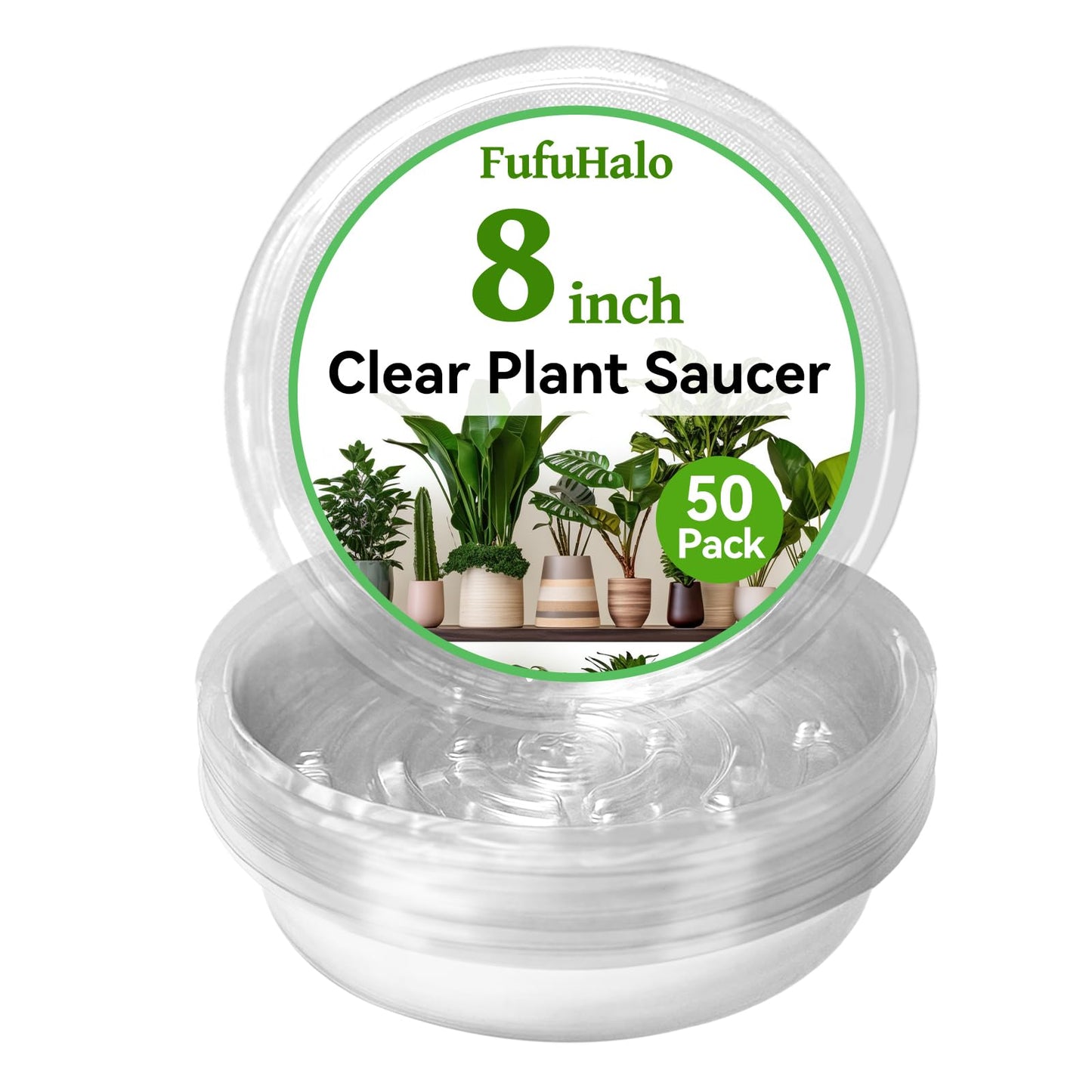 FufuHalo Clear Plant Saucers 50 Pack 8 Inch Plastic Plant Saucer, Durable Plant Pot Saucers Plant Drip Trays Used for Indoor and Outdoor Flower Pot