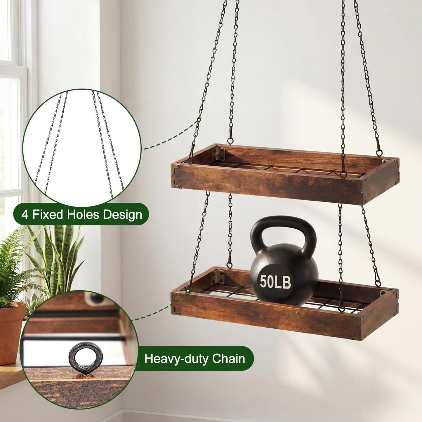 Otoolling 3 Tier 16" Hanging Window Plant Shelf Wood Frame Metal Chain Large Hanging Herb Planter Holder Indoor Display Floating Wall Flower Pot Organizer Storage for Herbs Microgreens Succulents