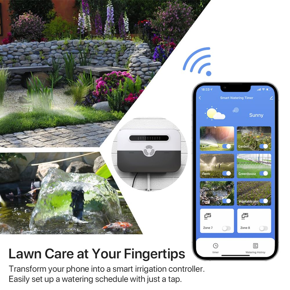 Smart Sprinkler Controller, 8 Zone WiFi Irrigation Controller with APP Control, Indoor Outdoor Automatic Water Timer, Weather-Based Skip & Custom Schedules, Easy DIY Installation