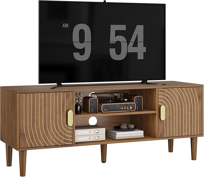 Smuxee Walnut TV Stand with Line Groove Design, 47.2" Mid Century Modern TV
