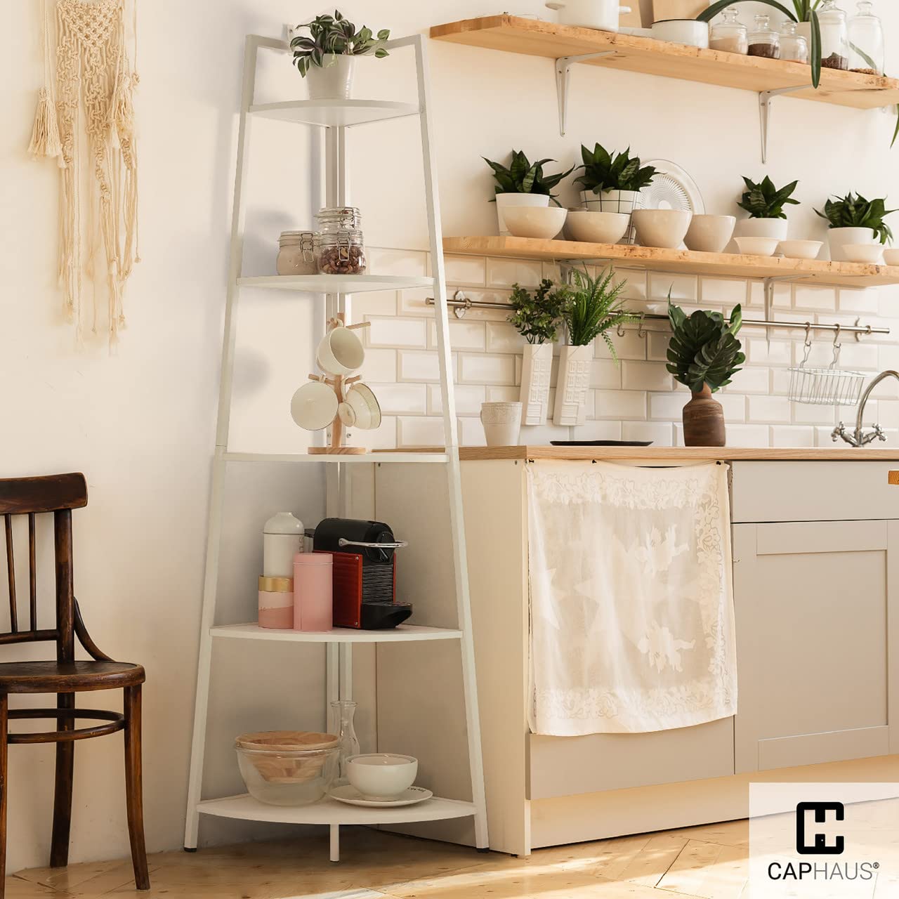 CAPHAUS Tall Corner Shelf Stand, 5-Tier Display Shelves, Ladder Corner Wood Storage Plant Bookshelf with Metal Frame, Versatile Shelving Unit Bookcase for Home Office Space, White