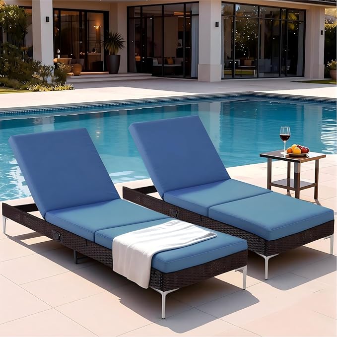 HOMREST Outdoor Chaise Lounge Chair Set of 2, Patio Wicker Lounge Chairs