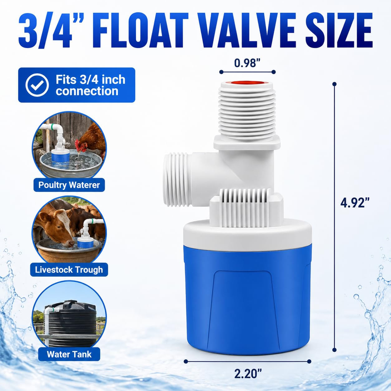 LAGWIUY 3/4 Inch Float Valve for Water Tank, 3 Pack Top Inlet Automatic Water Level Control Valve, Plastic Shut Off Float Valve for Livestock Waterer, Pond, Pool, Aquarium
