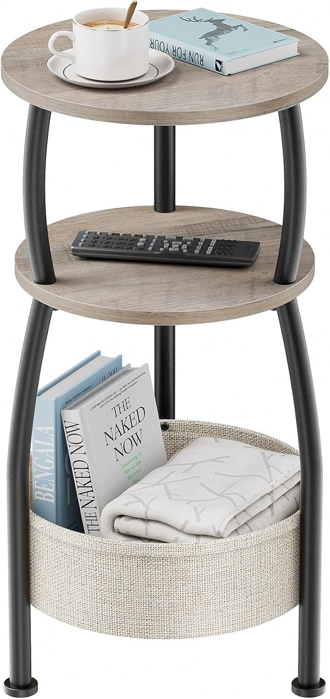 Round Side Table with Storage Basket –Small Space Saving End Table 3-Tier