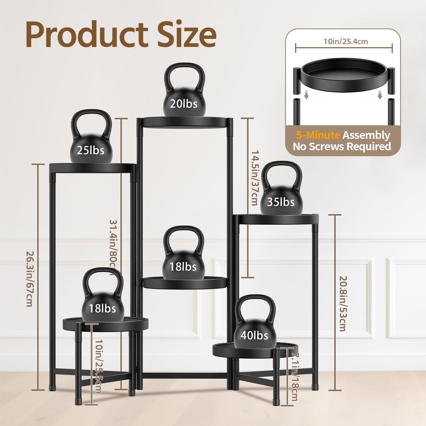 LASZOLA 6 Tier Large Plant Stand Indoor Tall with 10 Inch Metal Tray, Corner Folding Flower Display Rack, Modern Plant Holder Shelf for Outdoor Patio Porch Garden Office Living Room, Black