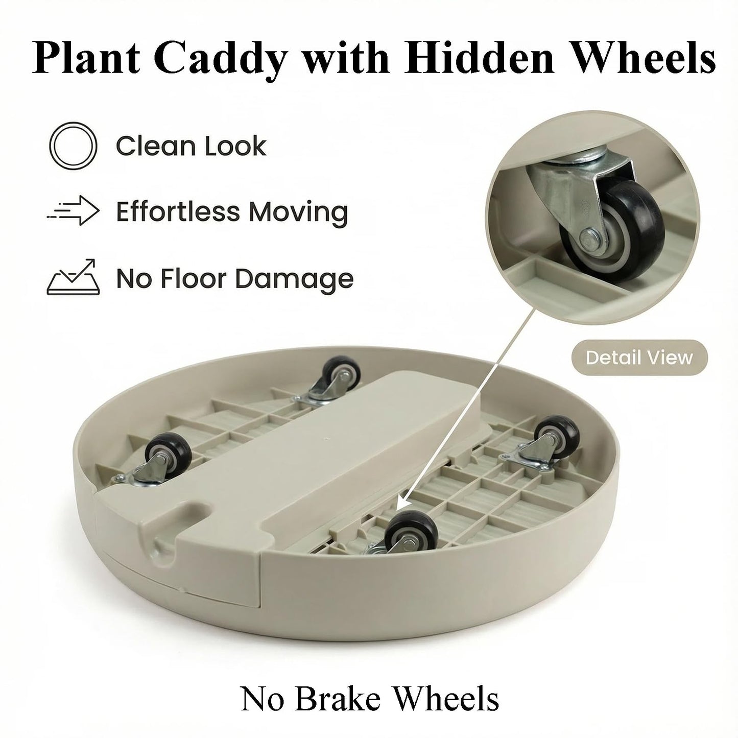 3 Pack 13 Inch Plant Caddy with Hidden Wheels and Water Tray Rolling Plant Stand with Wheels Heavy Duty Plant Dolly Roller Base with Wheels Round Flower Pot Rack Holder Planter Trolley Tray, Beige