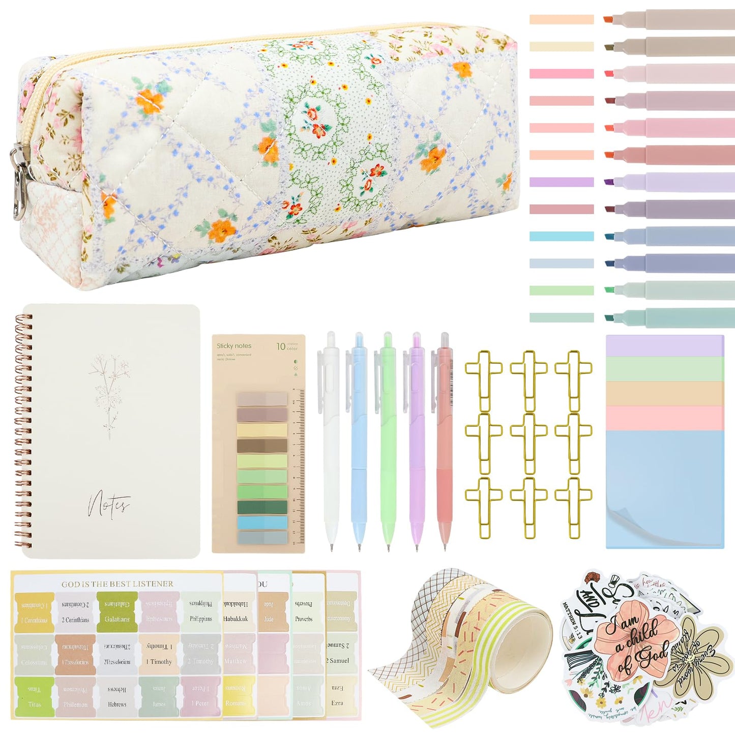 DRANSMIC Bible Study Supplies Journaling Kit with Pen Cas, Tabs, Notebook and No Bleed Highlighter, Aesthetic Book Annotation Kit, Christian Gifts for Women Grils Friends(Spliced Flower)