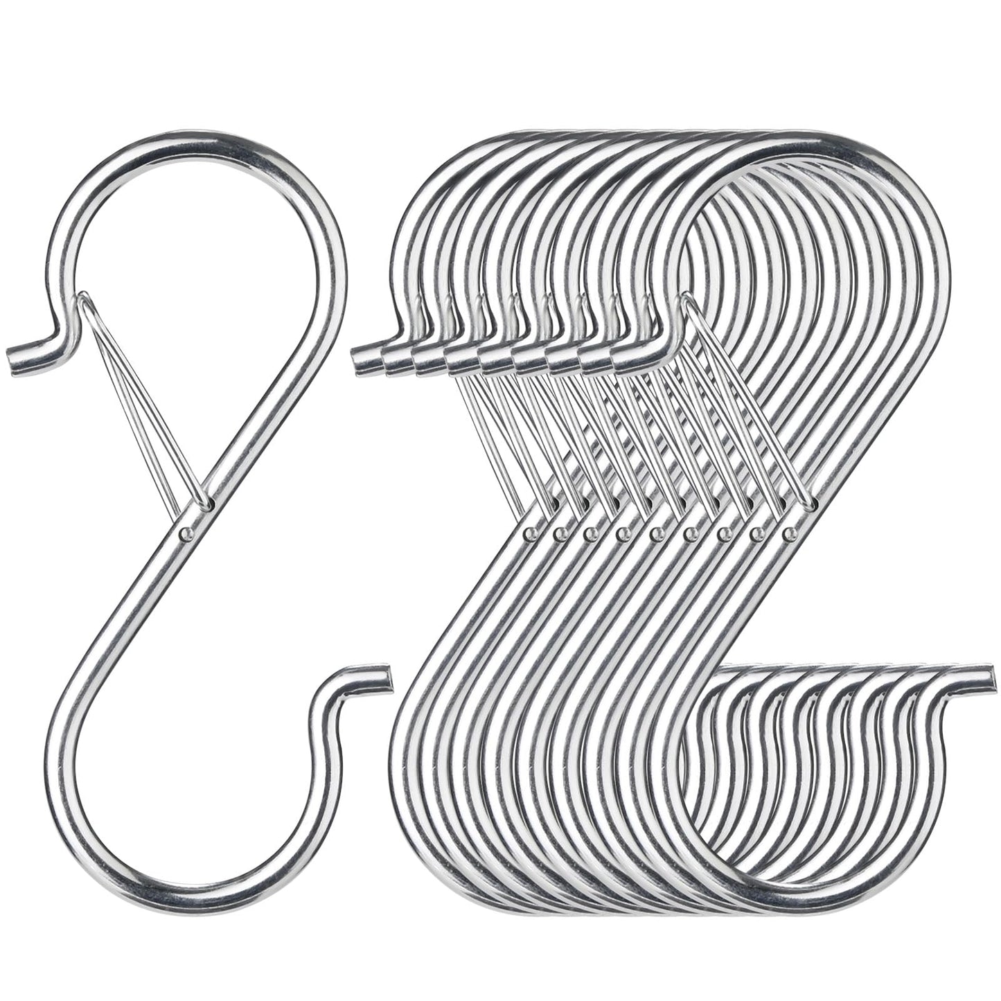 iCafePub 12 PCS S Hooks for Hanging with Safety Buckle, Metal S Shaped Hooks Fit for 0.5 Inch Rod Diamater, for Kitchen Utensil, Cups, Pots, Plants, Bags, Hats (Silver)