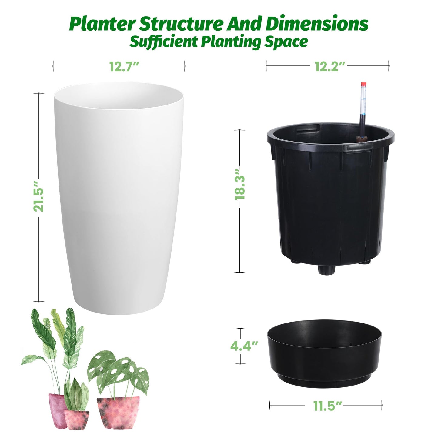 Garvee Tall Planters for Outdoor Plants, 22 in Large Planters Set of 2, Outdoor & Indoor Planters with Water Level Monitor ＆ Inner Bucket, Automatic Watering, for Porch, Patio, Backyard, White