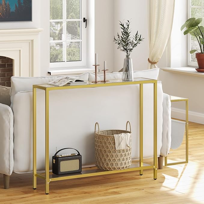 HOOBRO 39.4" Narrow Console Table, Tempered Glass Sofa Table, Behind Couch