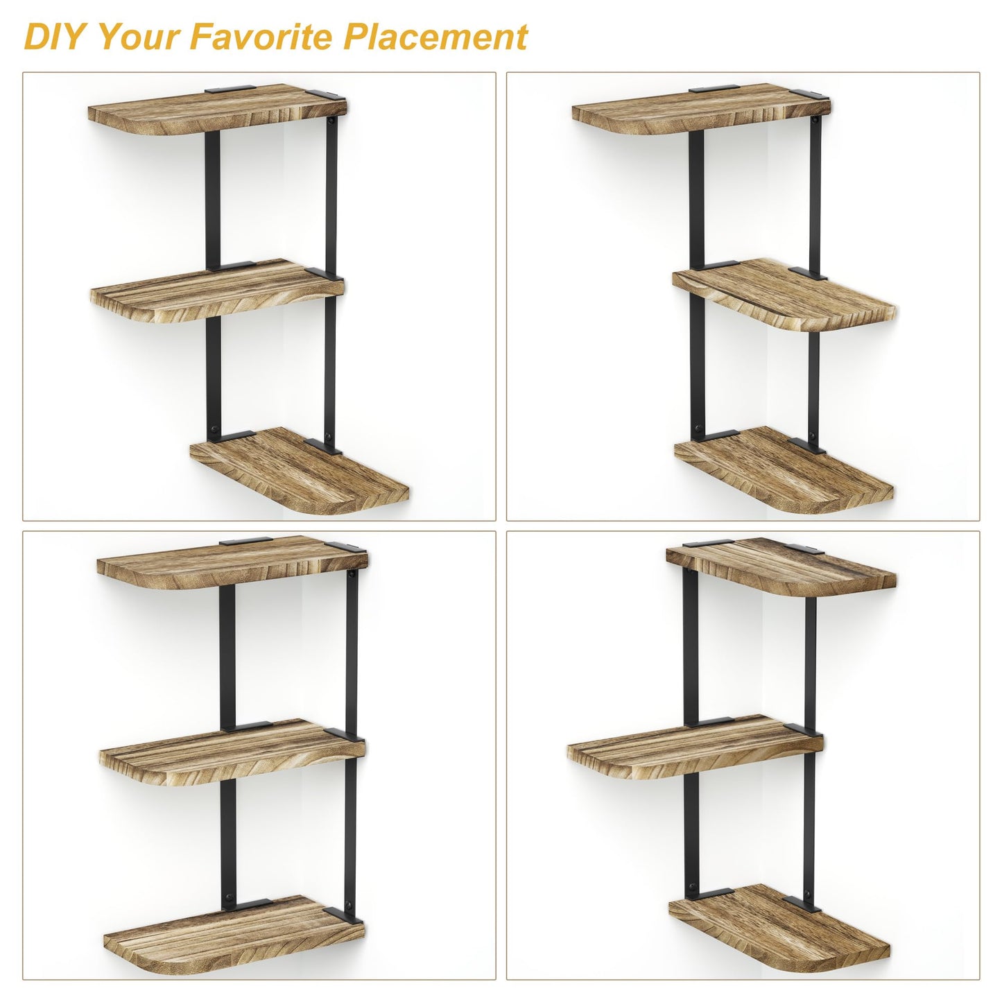 Love-KANKEI Corner Shelf Wall Mount of 3 Tier Rustic Wood Floating Shelves for Bedroom Living Room Bathroom Kitchen Office and More Carbonized Black
