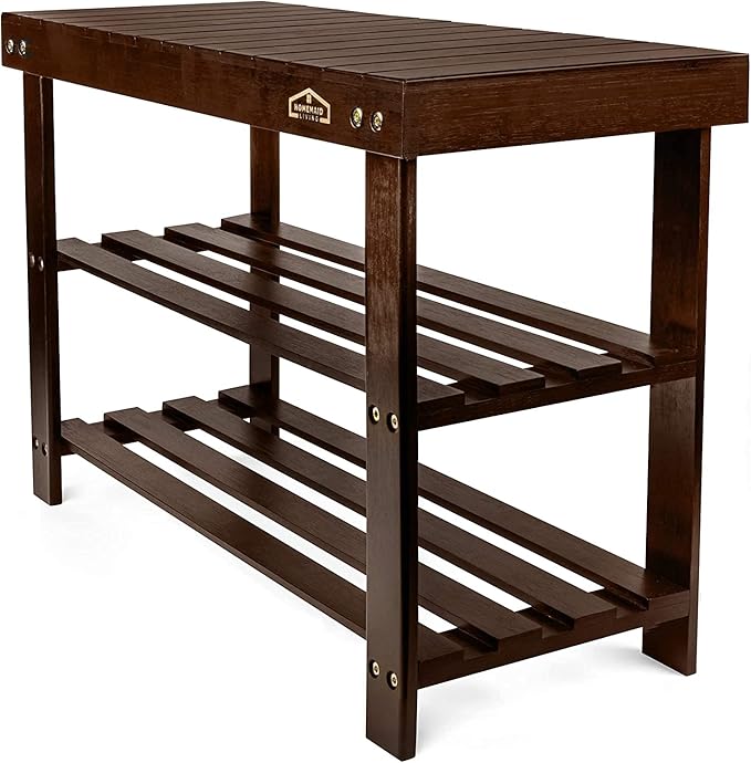 Homemaid Living Bamboo 3 Tier Shoe Rack Bench, Premium Shoe Organizer or