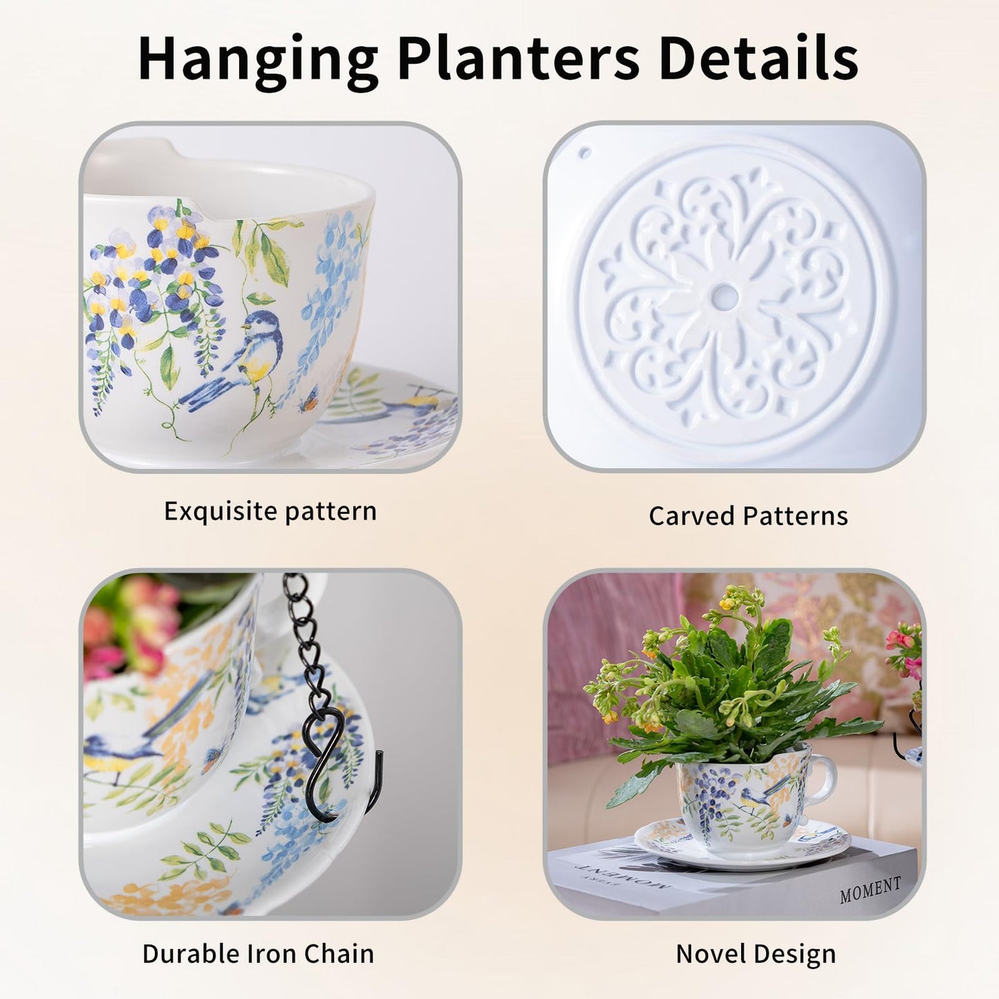 TEATALK Hanging Planters for Indoor Plants, Ceramic Pots with Drainage Hole, 6.3 Inch Hanging Planter with Chain, Outdoor Hanging Baskets for Plants, Birds & Flowers, Cup Shape