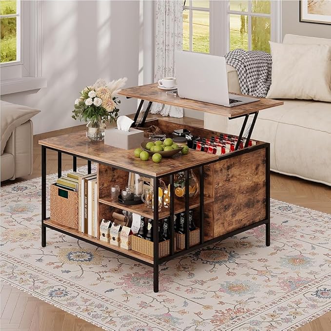 Coffee Table with Storage, Lift Top Coffee Table with Display Shelf and Hidden