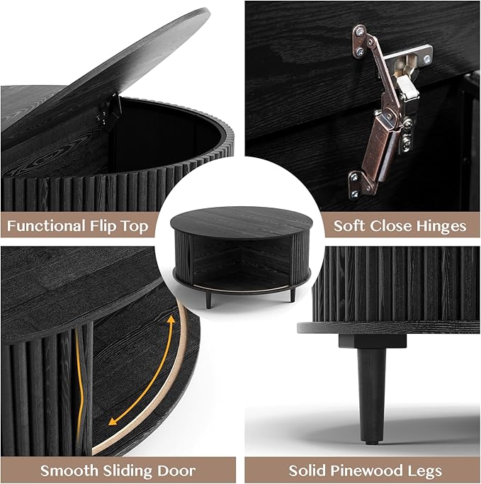 SULIVES Black Round Coffee Table