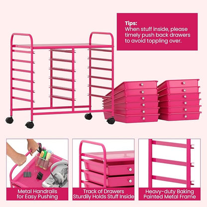 COSTWAY 12-Drawer Rolling Storage Cart, Utility Storage Organizer Cart for Tools, Scrapbook, Paper, Craft, Multipurpose Art Supply Organizer on Wheels for Home Office School, Teacher, Hot Pink
