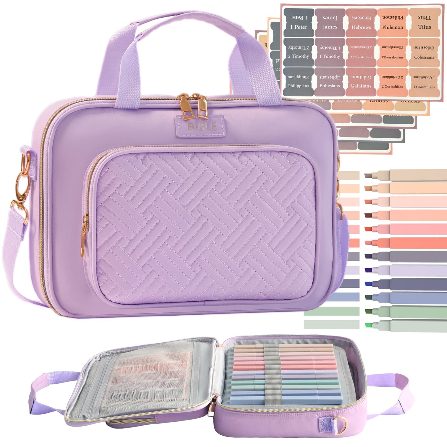Bible Cover for Women Bible Case, Large Bible Bag, Bible Study Supplies Bible Journaling Kit Book Carrying Case with Bible Highlighters Tabs, Valentines Day Christian Gifts for Women (Purple)