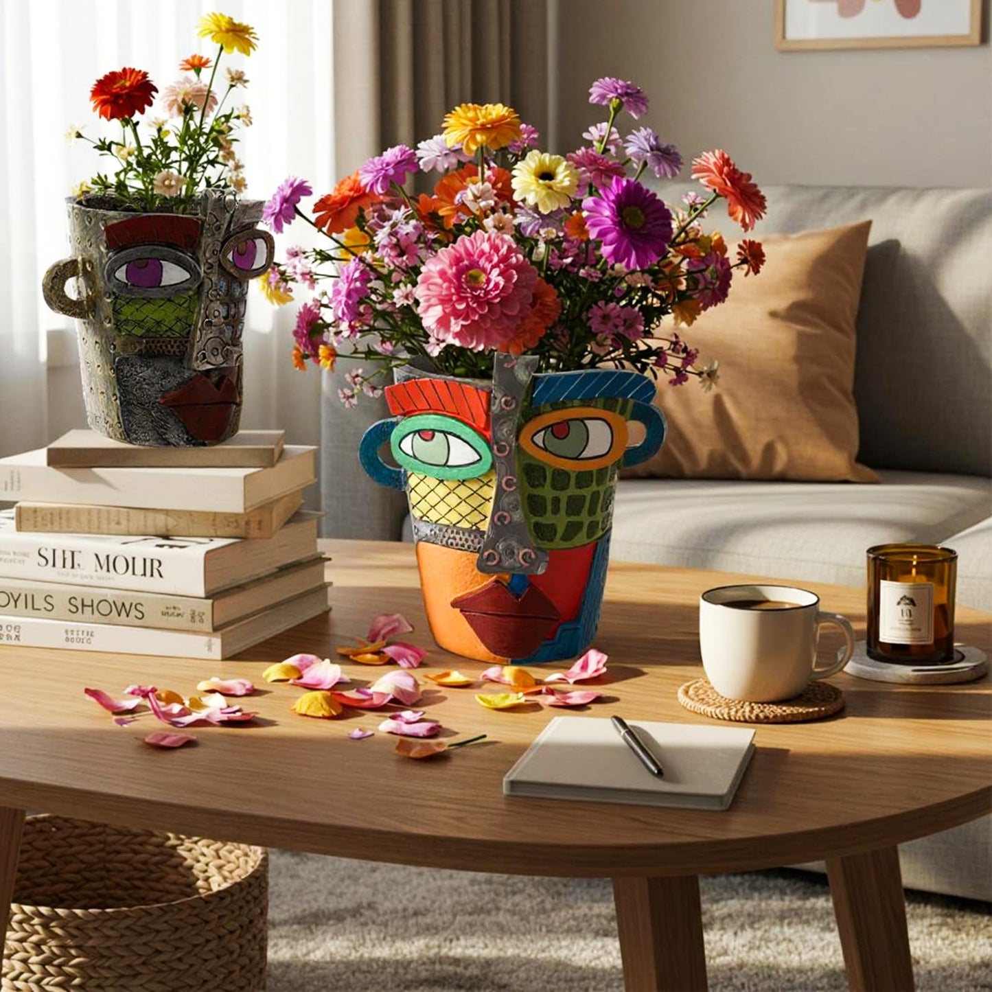 LemonRoad 2 Pcs Abstract Picasso Face Pots Head, Mexican Flower Pots with Drainage, Unique Decorative Head Plant for Indoor Outdoor, Funky Gift