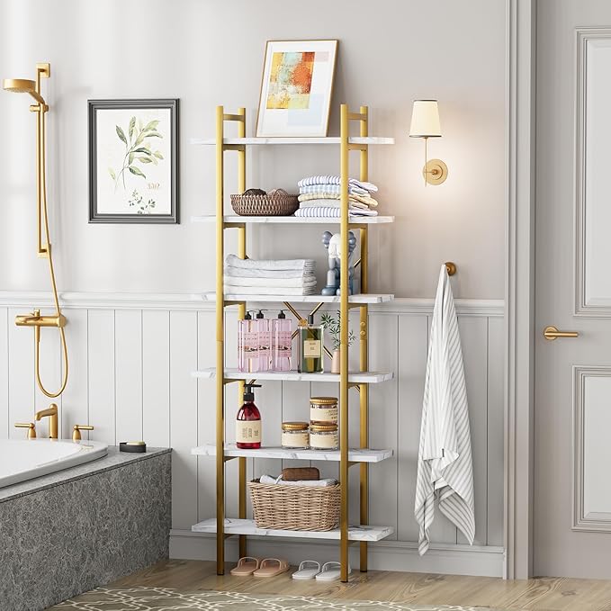 6 Tiers Bookshelf Organizer White Faux Marble Shelf, Modern Open Display