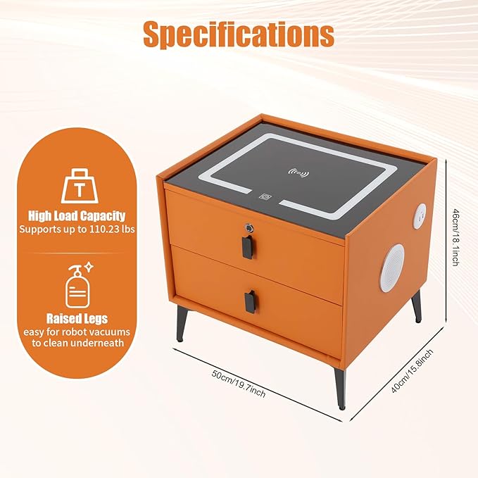 Smart Nightstand with Charging Station, Adjustable LED, USB Ports, Fingerprint