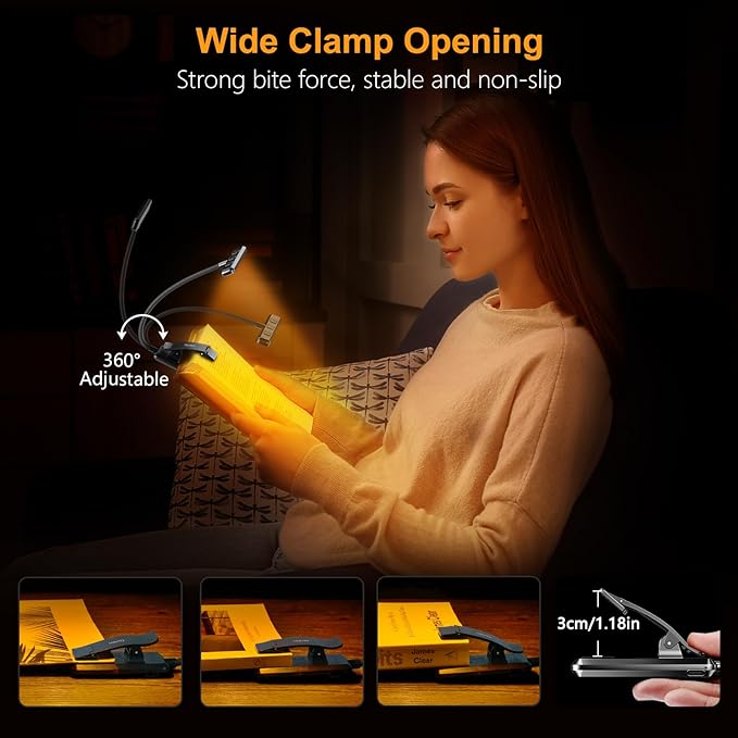 Gritin 19 LED Rechargeable Book Light for Reading in Bed with Memory Function- Eye Caring 3 Color Temperatures,Stepless Dimming Brightness,80 Hrs Runtime Lightweight Clip on Light for Book Lovers