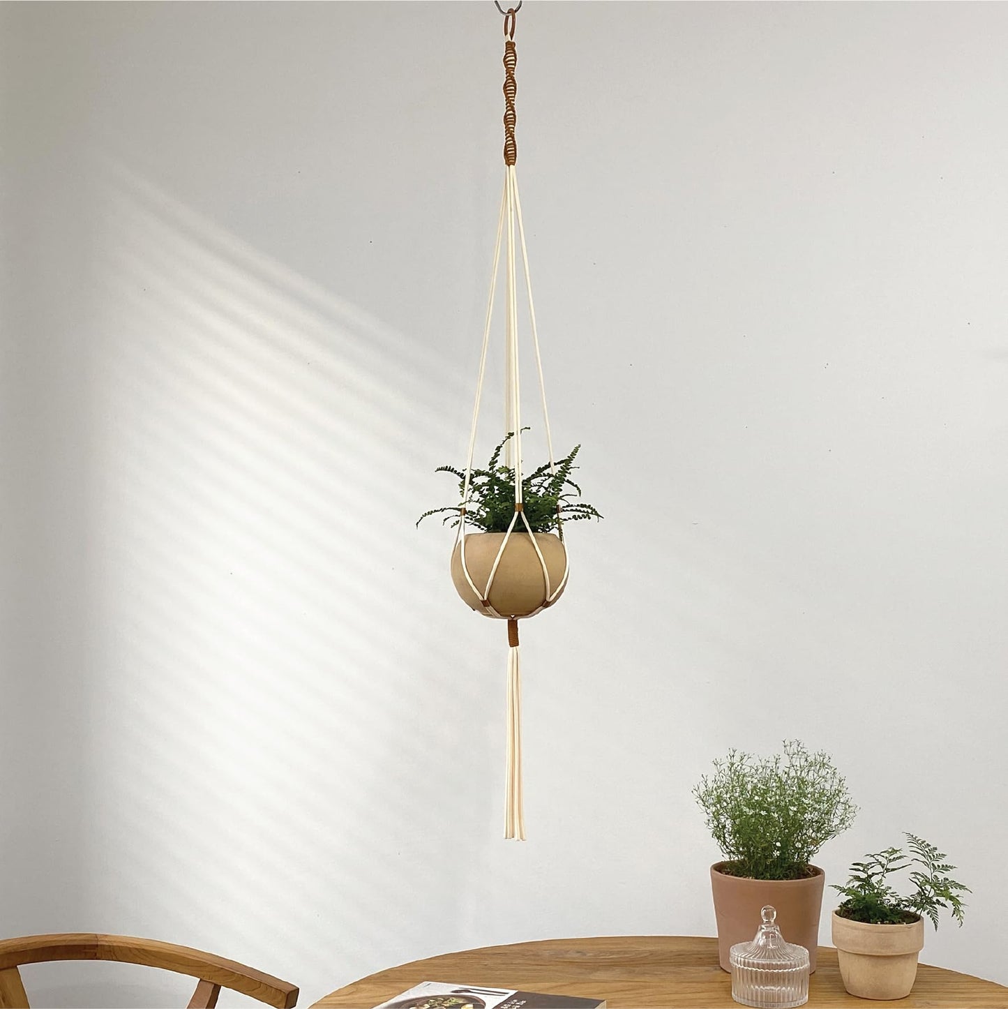 LET BE Macrame Plant Hanger Polyester Rope 42 Inch Outdoor Indoor Adjustable Hanging Planter for up to 10 Inch Plant Pot Modern Boho Home Decor (1, Ivory/Burnt Orange)