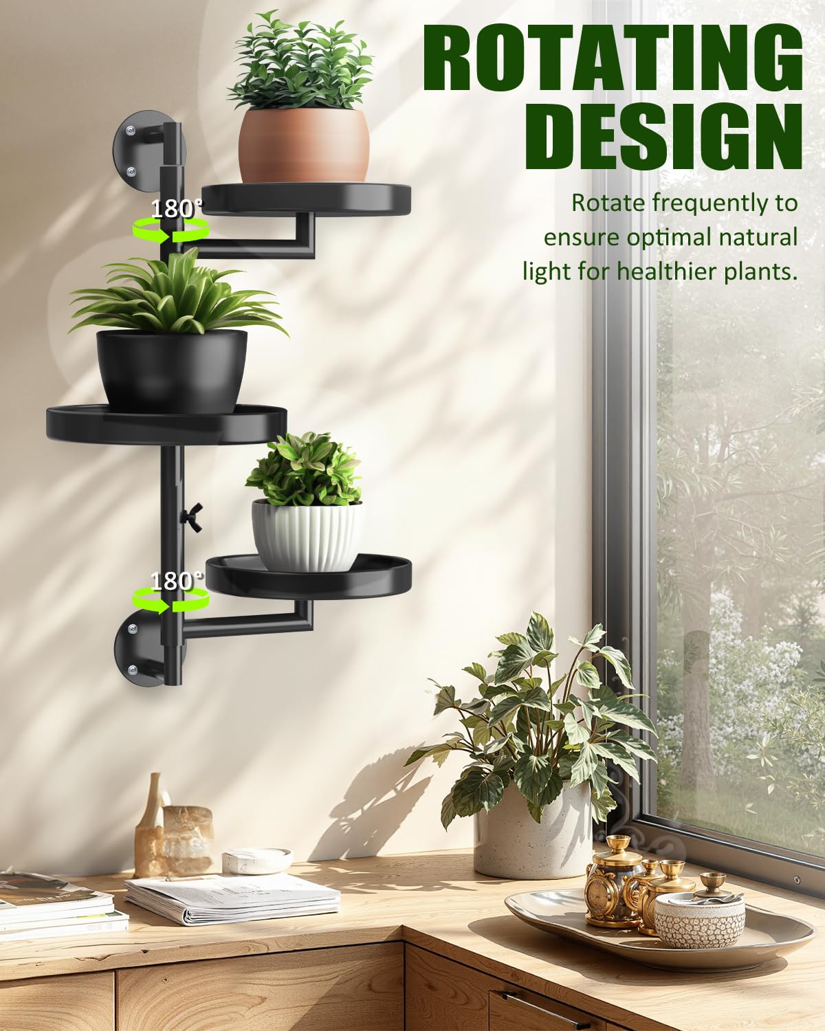 joyhalo Rotating Plant Wall Shelf 2 Pack Set, 3-Tier Window Plants Stand, 180° Rotating Wall Mounted Holder, Plants Windows Shelf, Indoor Plant Shelves for Multiple Plants