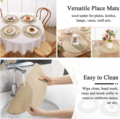 SHACOS 15 inch Round Braided Placemats Set of 6 Cotton Polyester Heat Resistant Table Mats Washable Place Mats for Dinner Party Table Decoration (Light Beige, 6)