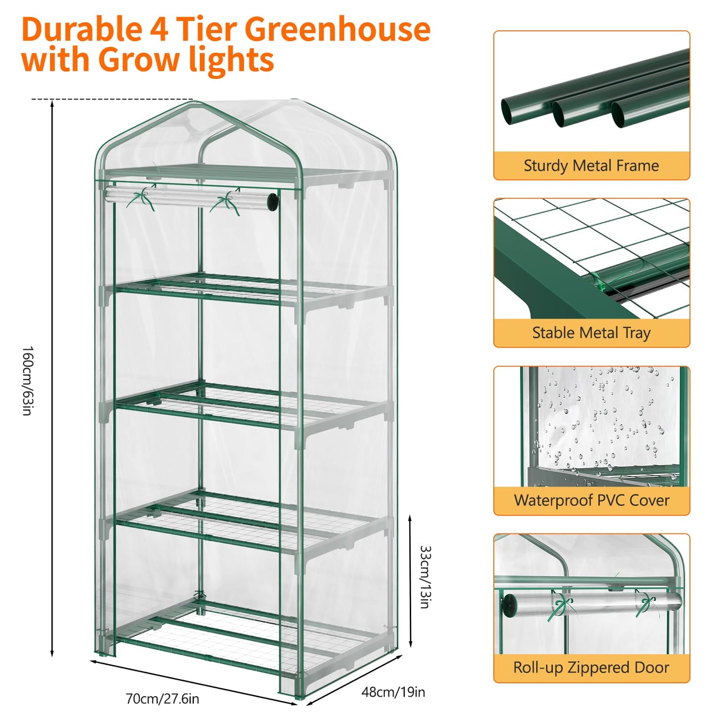 Indoor Greenhouse with Grow Light, 4-Tier Mini Greenhouse 27.6"x19"x63" Small Greenhouse with Zippered PVC Cover for Seed Starting Trays, Dimmable Plant Light for Indoor Plants with Timer