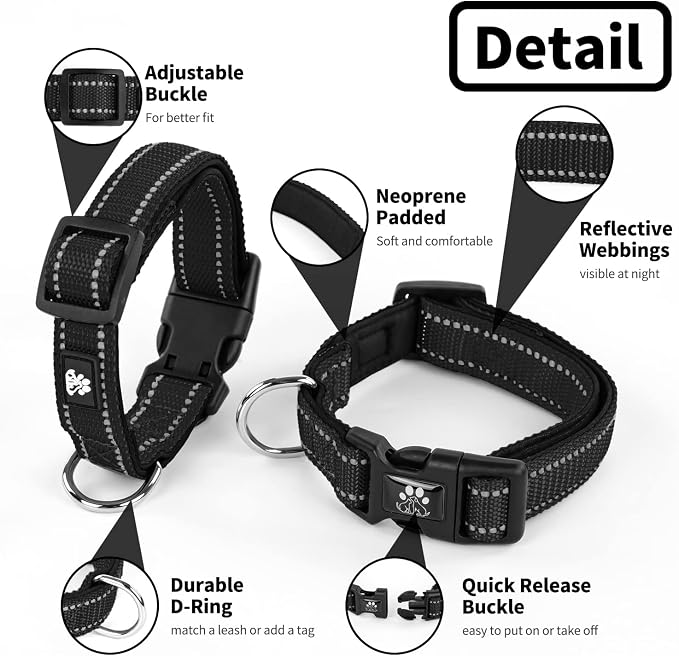 NESTROAD Dog Collar and Leash Set,Reflective Dog Collars with Quick Release Buckle,Adjustable Nylon Pet Collar for Small Medium Large Dogs(Medium,Black)