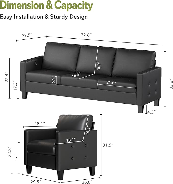 STHOUYN Black Faux Leather 3 Seater Sofa and Accent Chair Set of 2, Modern