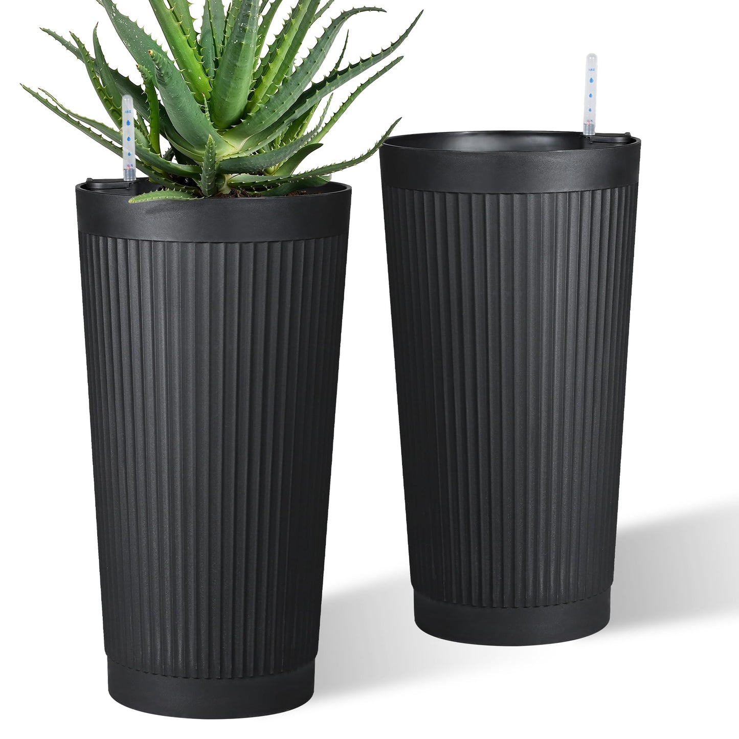 TUYOHW Self-Watering 24in Plastic Round Planter with Vertical Ribbed Design – Indoor Outdoor Flower Pot for Plants, Herbs, and Small Trees, Set of 2