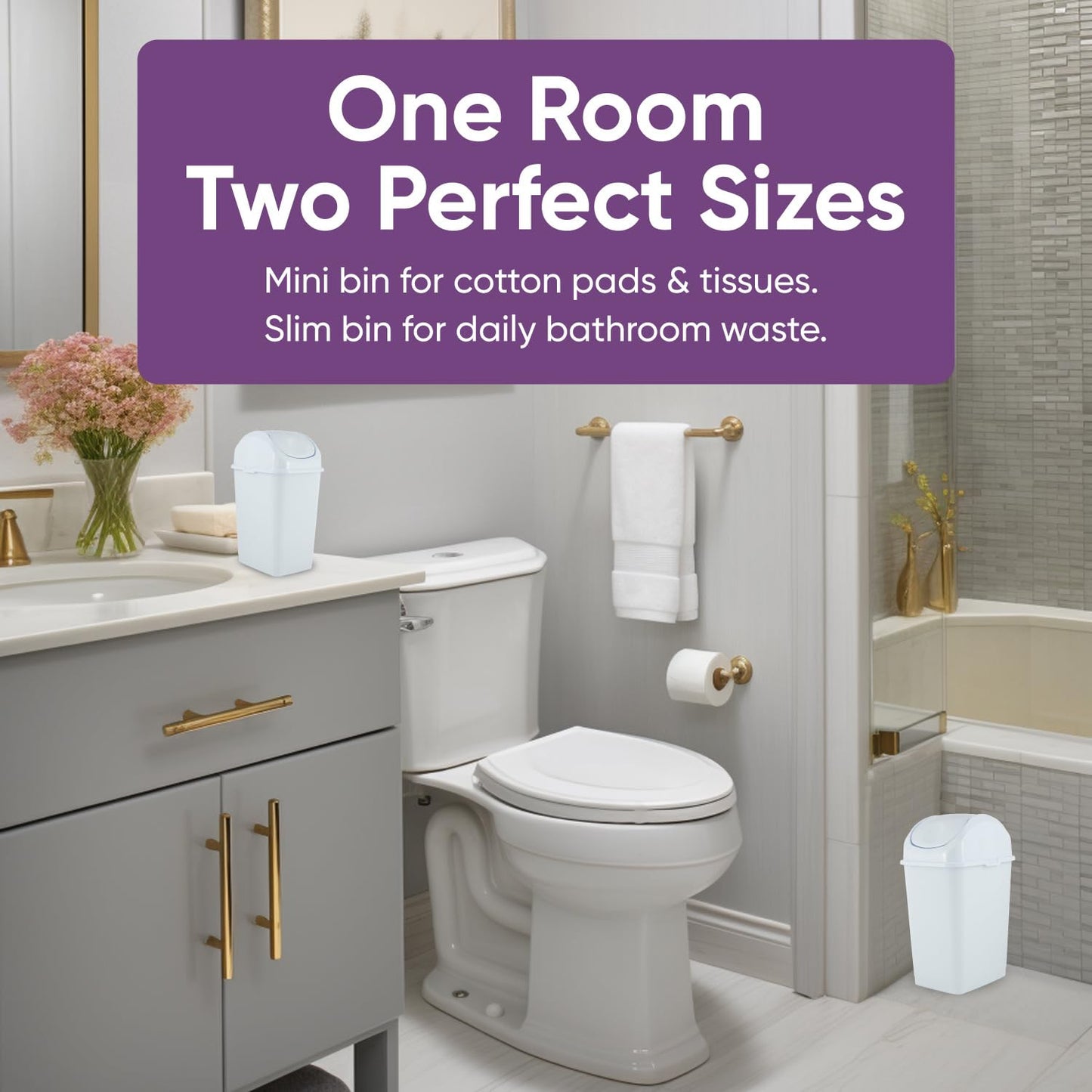 Superio Mini 1.25 Gallon and Small 2.5 Gallon Plastic Trash Cans with Swing Top Lid, Grey Waste Bin for Countertop, Desk, Vanity, Bathroom, 2 Pack (White)