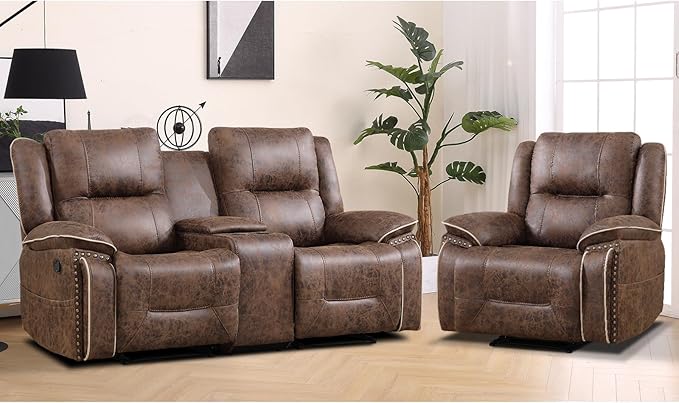 EBELLO Faux Leather Manual Recliner Sofa Set, 1 Seat Reclining Chair and a