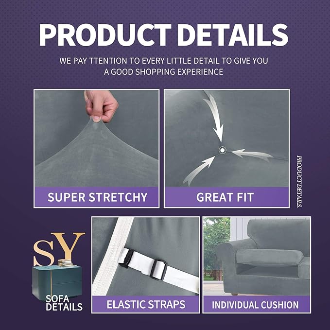 ZNSAYOTX Oversized Velvet Couch Cover 4 Piece Stretch Sofa Covers