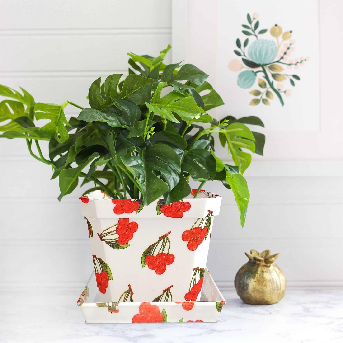 Plant Pots 4 Inch Square Plastic Decoration,Flower Pots Retro Design,Flower Pot with Drain Hole and Tray,for Outdoor Indoor Garden Home Plants (Fruit,4pcs)