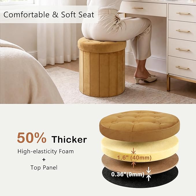 CAROLMADE Round Storage Ottoman, Velvet Folding Footrest Stool