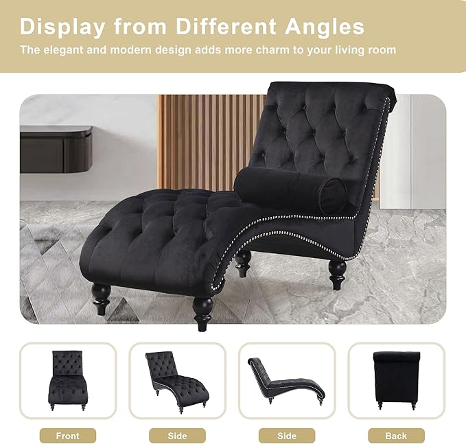 Chaise Lounge Indoor, Velvet Upholstered Lounge Chair Button-Tufted Armless