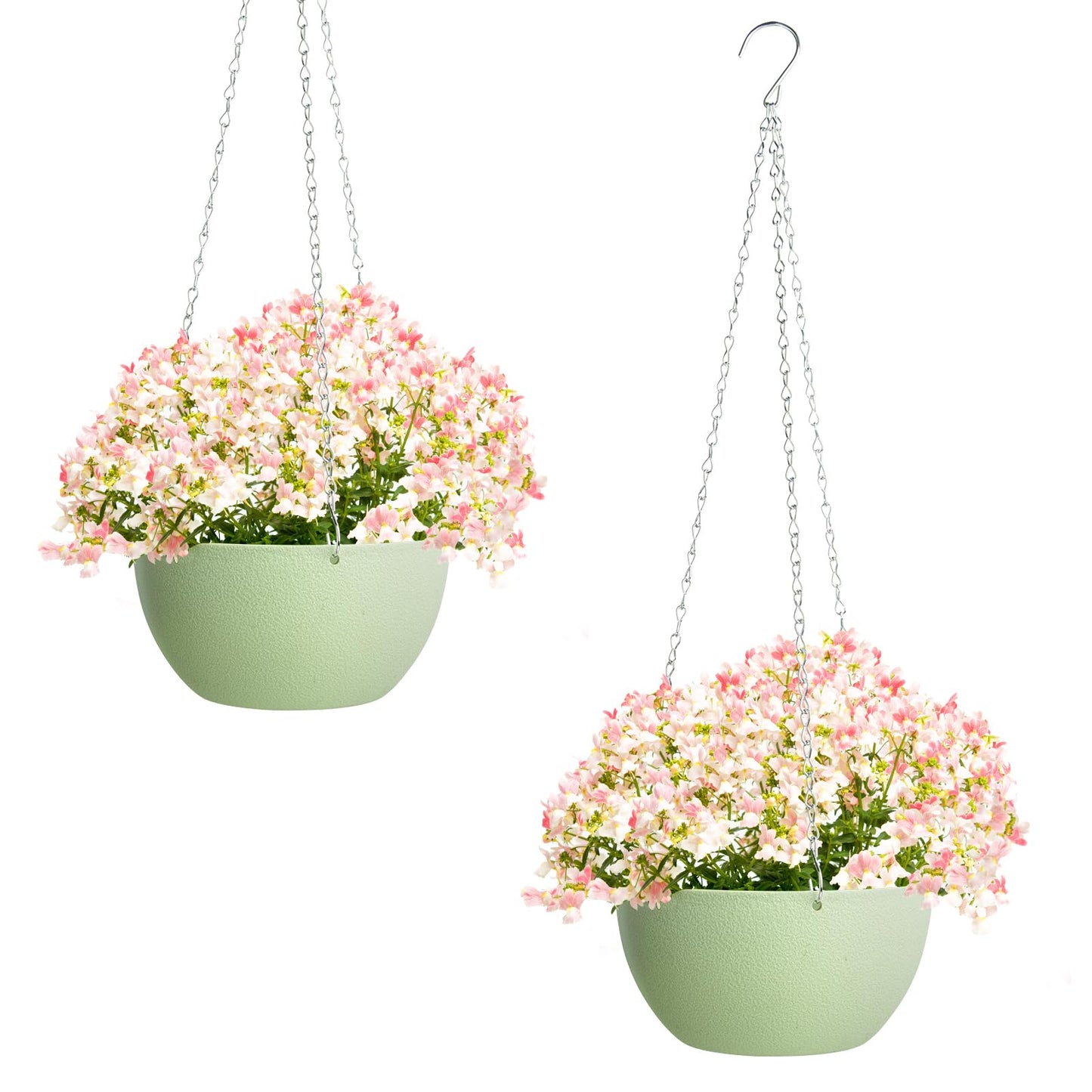 XXXFLOWER Hanging Planters 2 Pack Hanging Baskets Plastic Flower Pot with Drainage Hole & Chain & Hook,Hanging Flower Baskets for Indoor and Outdoor Plants,Home Wall Boho Decor（Green）