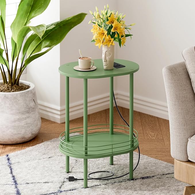 DGSANDGO Green Side Table with Charging Station, Side Tables Living Room