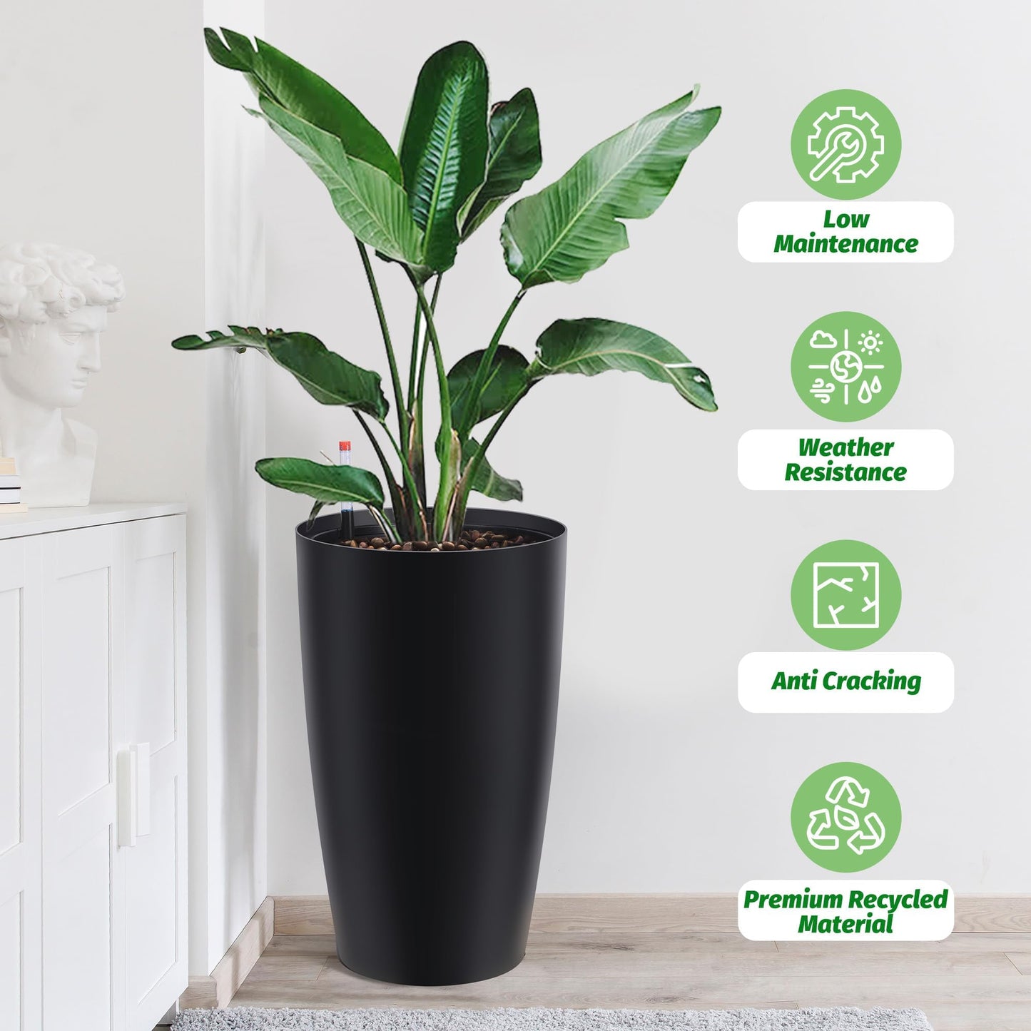 ActiveTrail 22 in Tall Planters Set of 2, Large Black Planters for Indoor & Outdoor Plants, Self Watering Pots with Water Level Monitor and Inner Bucket for Porch, Patio, Backyard