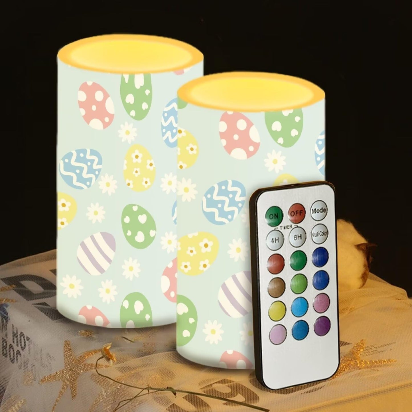 Luarisgur Blue Flameless Candles LED Easter Eggs Decorative Candles Battery Operated Ornage Flickering Candles with 18-Key Remote Timer Pillar for Home Living Room Party Table Decorations